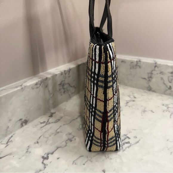 Plaid beaded Burberry-print Tote Bag with Black Straps - Picture 3 of 15